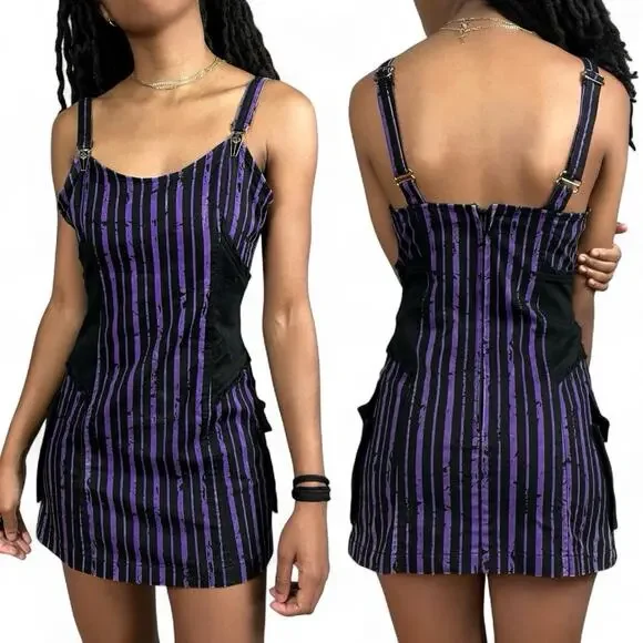 Lip Service Ghoul School Fright Night Out Striped Purple Black Mini Dress Goth Lip Service Ghoul School Fright Night Out Striped Purple Black Mini Dress Goth